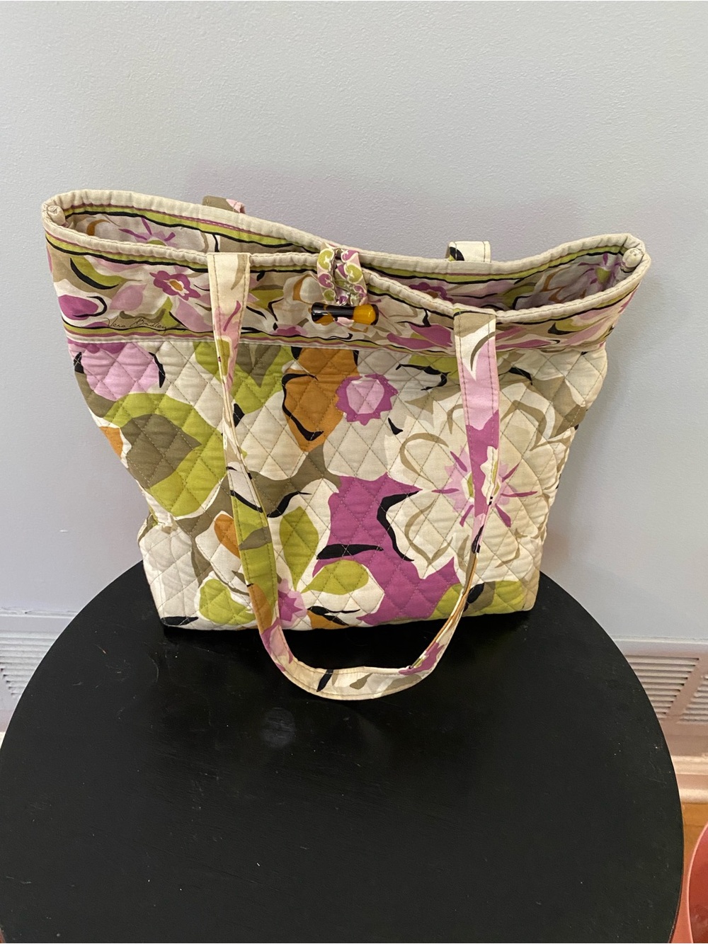 Vera Bradley Vintage Floral Quilted Tote Bag Pink Green Cotton Shoulder Purse